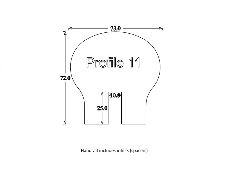 Handrail Profile 11 (73mm x 72mm) 10mm x 25mm Groove for Glass