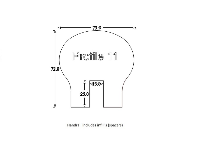 Handrail Profile 11 (73mm x 72mm) 13mm Groove for Metal Spindles