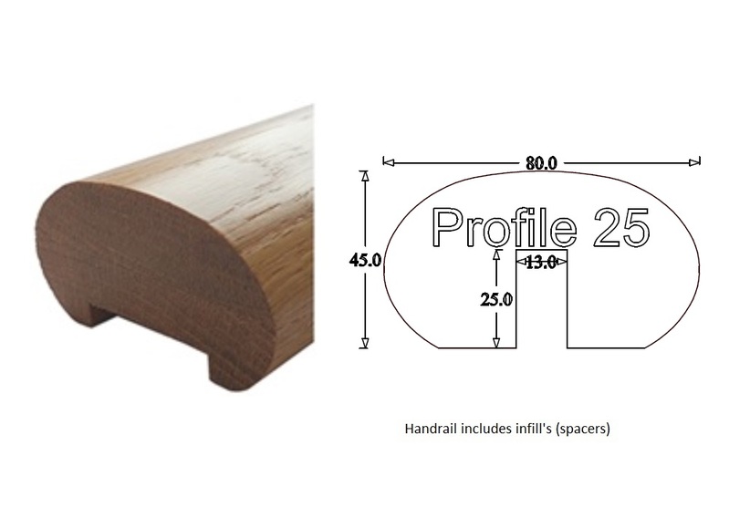 Handrail Profile 25 (80mm x 45mm) 13mm Groove for square Metal Spindles