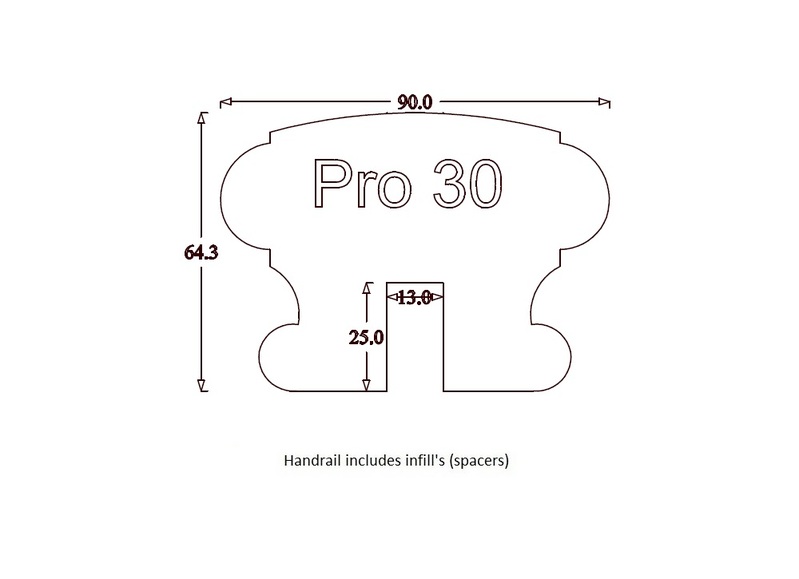 Handrail Profile 30 (90mm x 65mm) 13mm Groove for square Metal Spindles