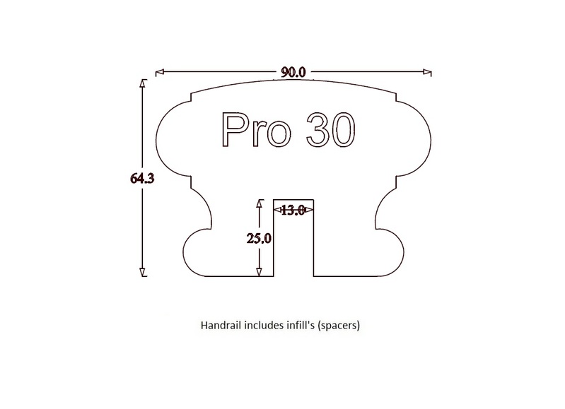 Handrail Profile 30 (90mm x 65mm) 13mm Groove for Metal Spindles