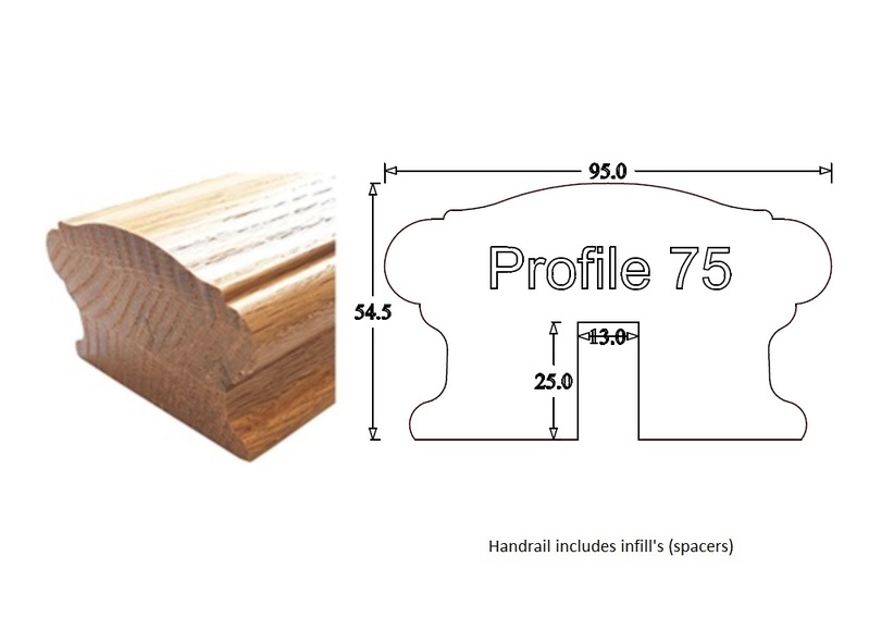 Handrail Profile 75 (95mm x 55mm) 13mm Groove for Metal Spindles