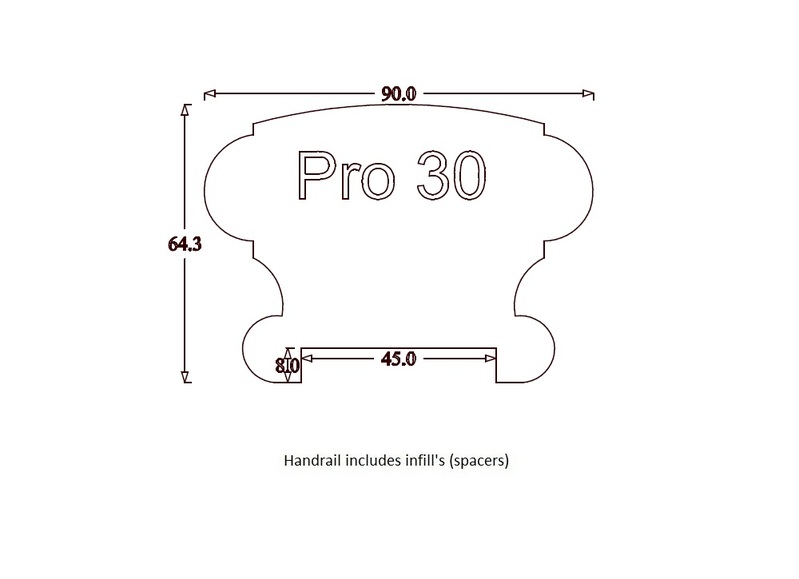 Handrail Profile 30 (90mm x 65mm) 45mm Groove