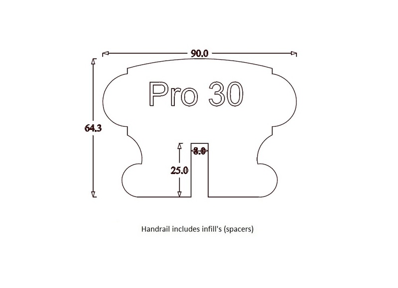 Handrail Profile 30 (90mm x 65mm) 8mm x 25mm Groove for Glass