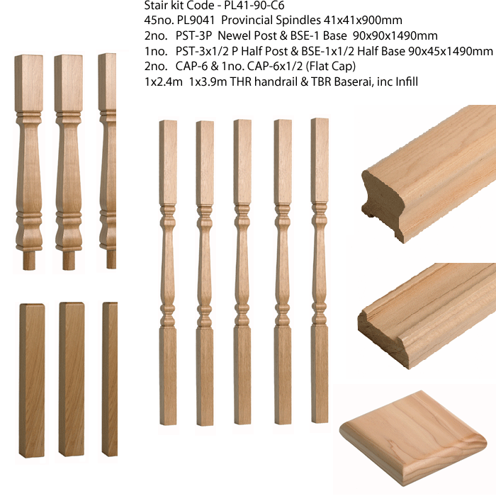 45NO. PL9041 Provincial Spindles 41x41x900mm, 2no. PST-3P (90x90x790mm 220mm head) & 1NO. PST-3x1/2P, 2NO. BSE-1 (90x90x700mm) & BSE-1x1/2, 2 CAP-6 & 1 CAP-6x1/2 Flat, 1x2.4m 1x3.9m Handrail & Baserailinc Infill, 3no. Fixing kits & 3no. Cover Plugs