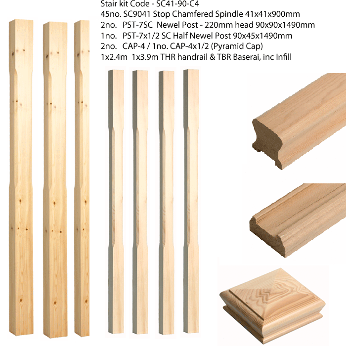 45NO. SC9041 Stop Chamfer Spindles 41x41x900mm, 2no. PST-7SC (90X90X1490mm), 1no. PST-7x1/2SC, 2NO. CAP-4, 1no. CAP-4x1/2, 1x2.4m 1x3.9m Handrail & Baserail inc Infill, 3no. Fixing kits & 3no. Cover Plugs