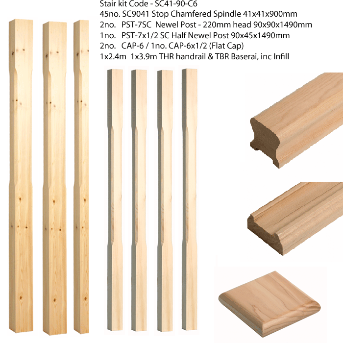 45NO. SC9041 Stop Chamfer Spindles 41x41x900mm, 2no. PST-7SC (90X90X1490mm), 1no. PST-7x1/2SC, 2NO. CAP-6, 1no. CAP-6x1/2, 1x2.4m 1x3.9m Handrail & Baserail inc Infill, 3no. Fixing kits & 3no. Cover Plugs