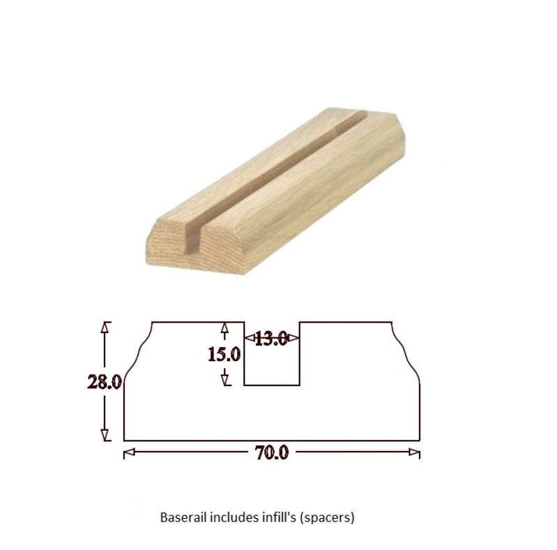 TBR Traditional Baserail (70mm x 28mm) 13mm Groove for round Iron Black Spindles