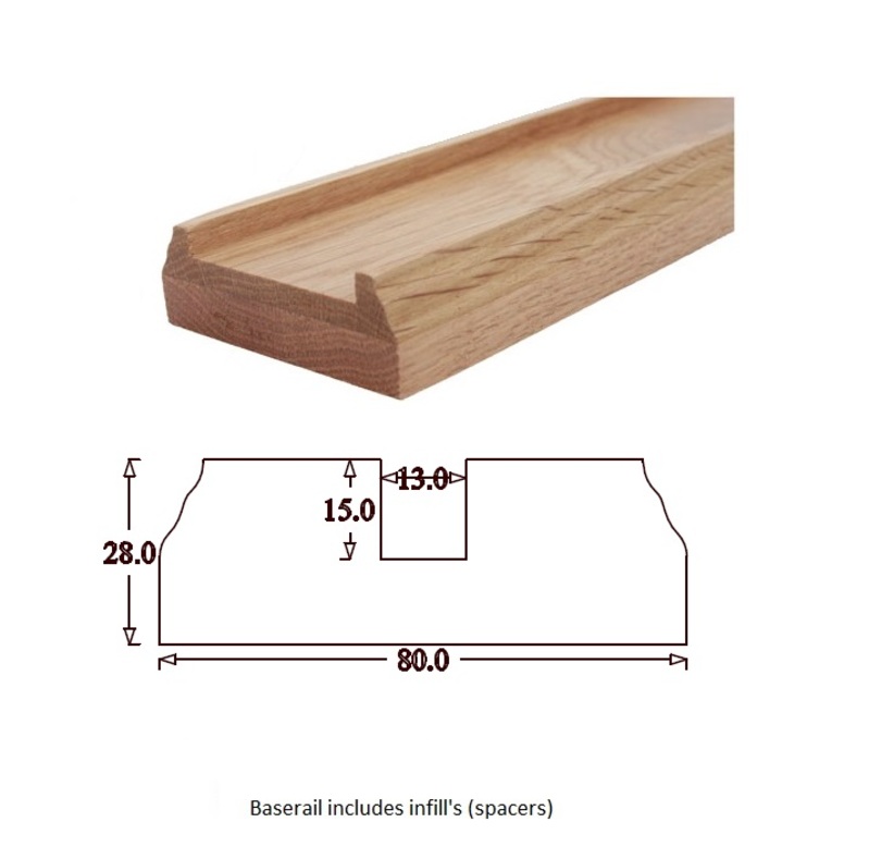 TBR Traditional Baserail (80mm x 28mm) 13mm Groove for round Iron Black Spindles