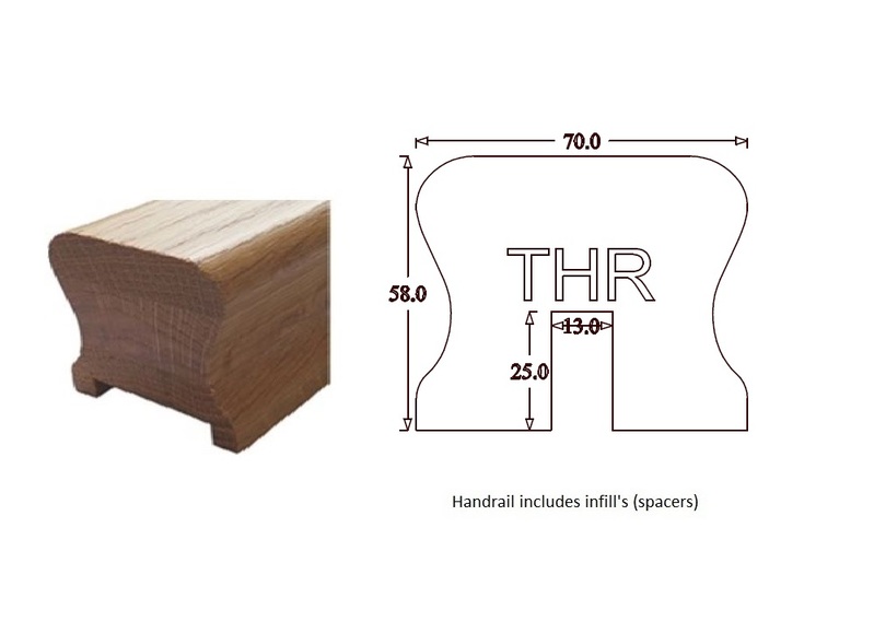 THR Traditional Handrail (70mm x 58mm) 13mm Groove for square Metal Spindles