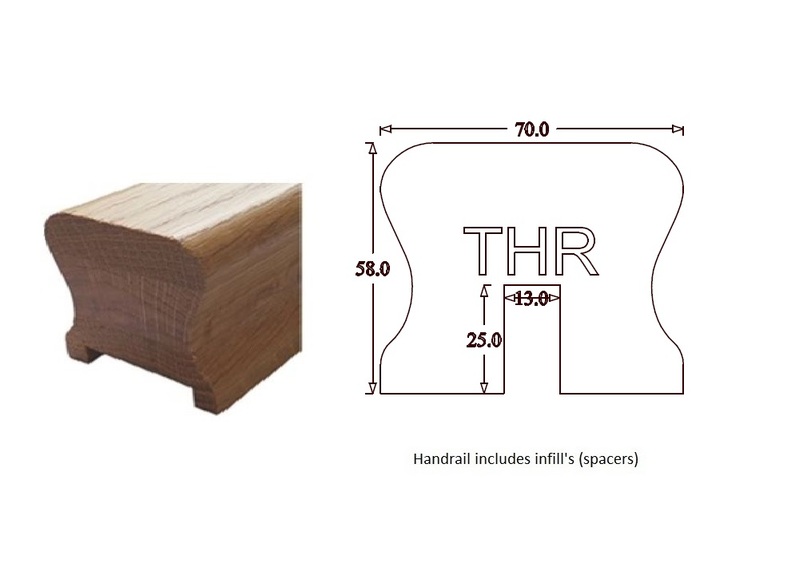 THR Traditional Handrail (70mm x 58mm) 13mm Groove for Metal Spindles