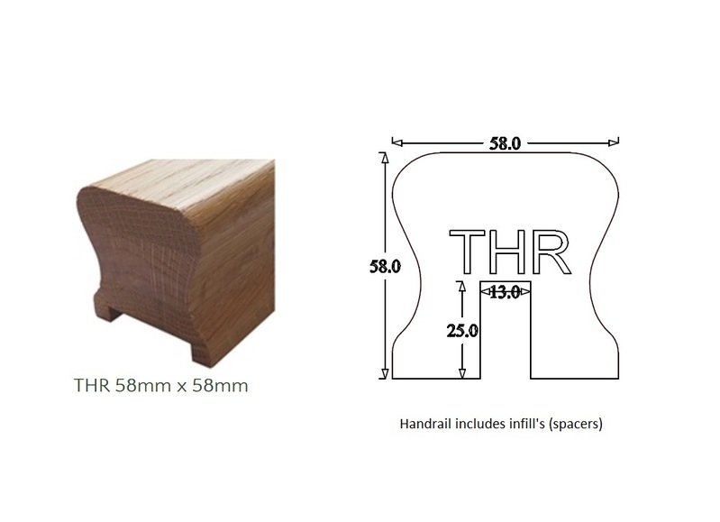 THR Traditional Handrail (58mm x 58mm) 13mm Groove for square Metal Spindles