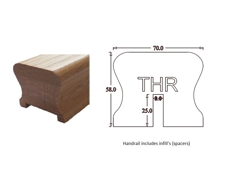 THR Traditional Handrail (70mm x 58mm) 8mm Groove for Glass 