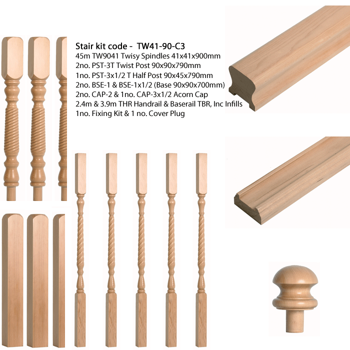 45NO. TW9041 Twist Spindles 41x41x900mm, 2no. PST-3T (90x90x790mm 220mm head) & 1NO. PST-3x1/2T, 2NO. BSE-1 (90x90x700mm) & BSE-1x1/2, 2 CAP-3 & 1 CAP-3x1/2 Acorn, 1x2.4m 1x3.9m Handrail & Baserailinc Infill, 3no. Fixing kits & 3no. Cover Plugs
